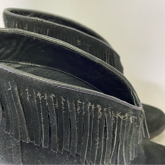 Joie Loren Black Suede Fringe Leather Heeled Ankle Boots - Picture 3 of 11